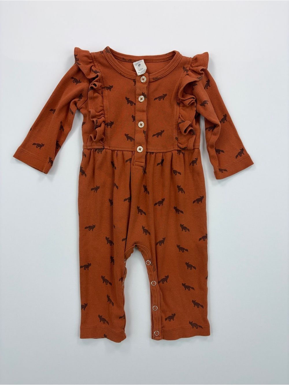 Kate Quinn Fox Print Ruffle Baby Romper Orange Rust 6-12m